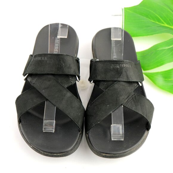 Merrell Womens Around Town Sunvue Sandals Size 7 Black Leather Slides Flip Flops - Picture 1 of 12